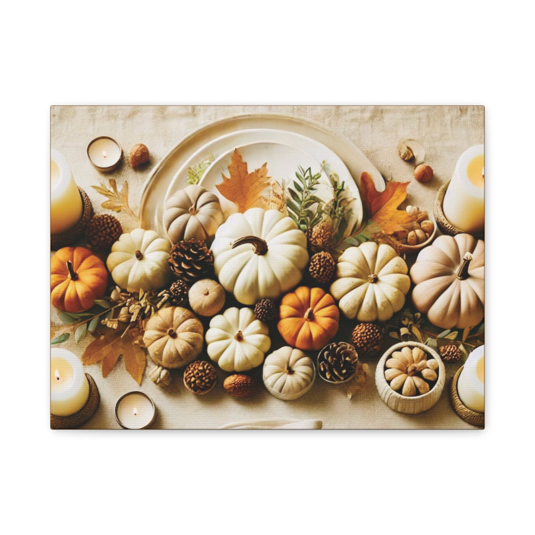 Fall Harvest Table Canvas Art – Pumpkin, Candle & Pinecone Decor for Autumn Home Accents - captivatingconversationsstarters