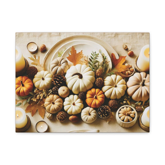 Fall Harvest Table Canvas Art – Pumpkin, Candle & Pinecone Decor for Autumn Home Accents - captivatingconversationsstarters
