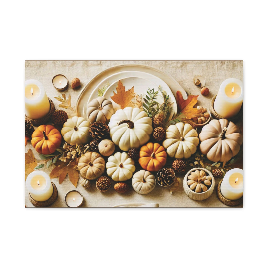 Fall Harvest Table Canvas Art – Pumpkin, Candle & Pinecone Decor for Autumn Home Accents - captivatingconversationsstarters