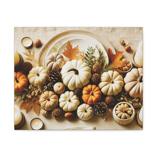 Fall Harvest Table Canvas Art – Pumpkin, Candle & Pinecone Decor for Autumn Home Accents - captivatingconversationsstarters