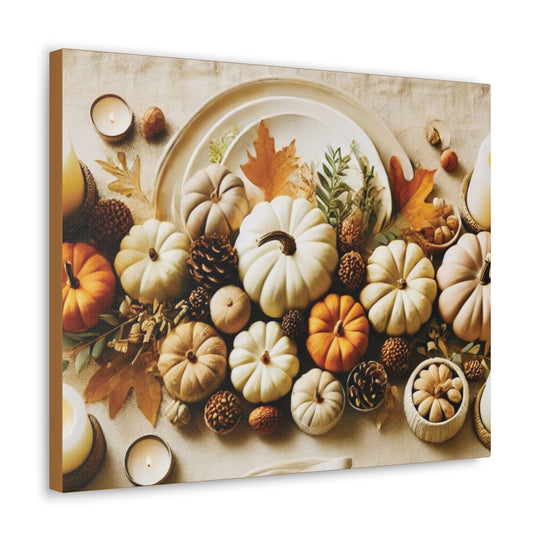 Fall Harvest Table Canvas Art – Pumpkin, Candle & Pinecone Decor for Autumn Home Accents - captivatingconversationsstarters