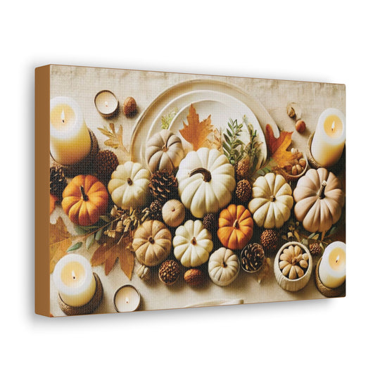Fall Harvest Table Canvas Art – Pumpkin, Candle & Pinecone Decor for Autumn Home Accents - captivatingconversationsstarters
