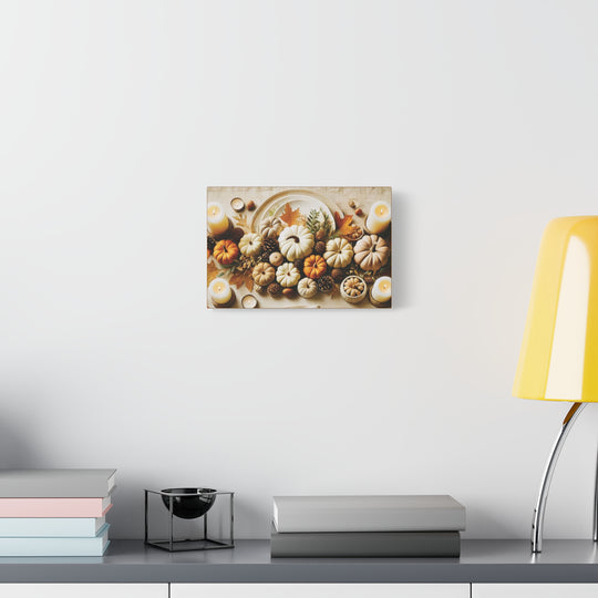 Fall Harvest Table Canvas Art – Pumpkin, Candle & Pinecone Decor for Autumn Home Accents - captivatingconversationsstarters