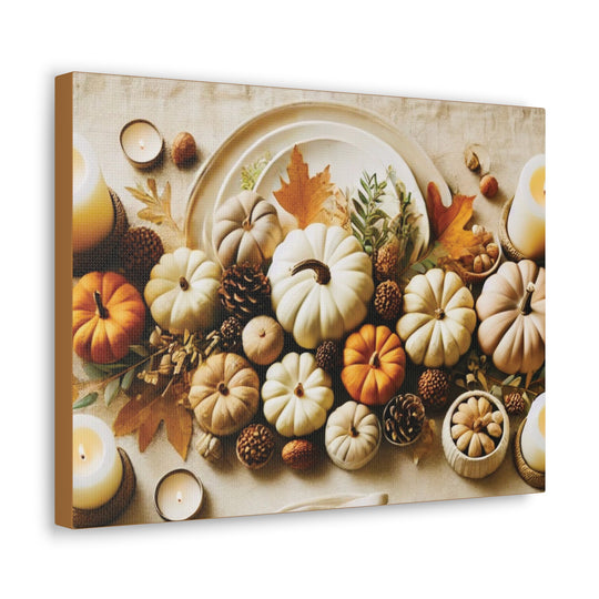 Fall Harvest Table Canvas Art – Pumpkin, Candle & Pinecone Decor for Autumn Home Accents - captivatingconversationsstarters