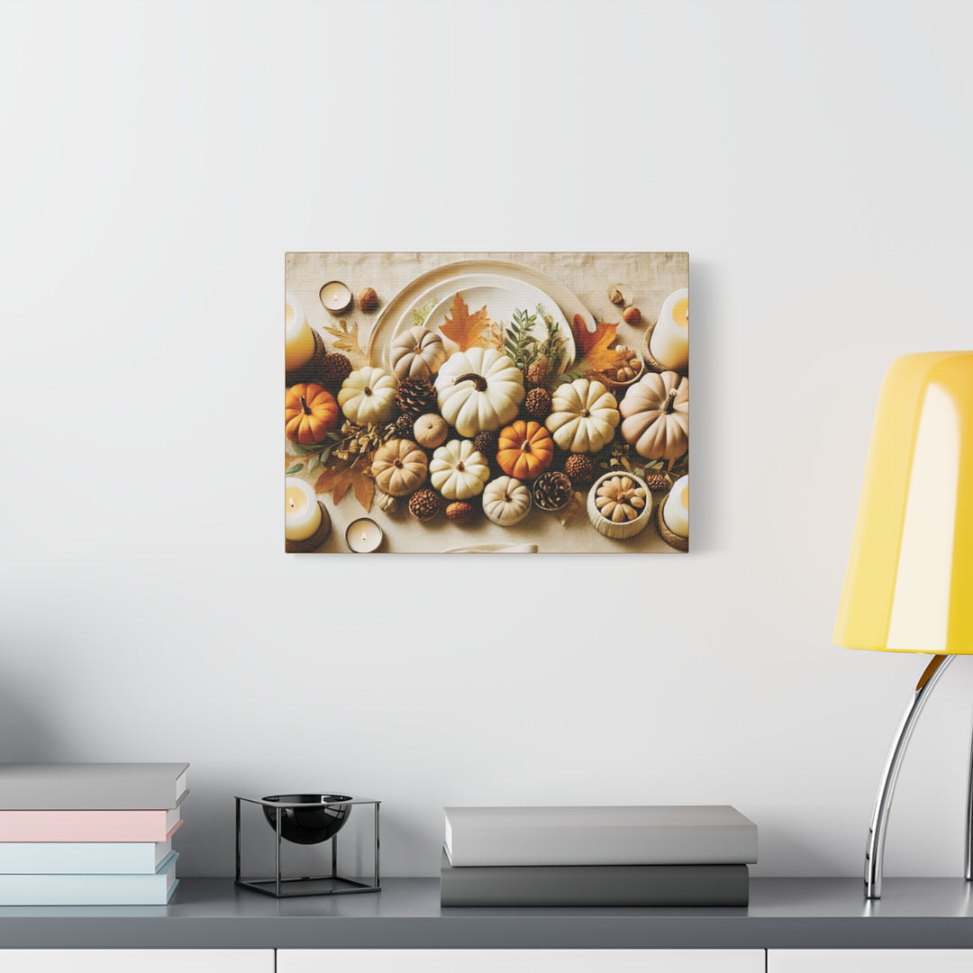 Fall Harvest Table Canvas Art – Pumpkin, Candle & Pinecone Decor for Autumn Home Accents - captivatingconversationsstarters