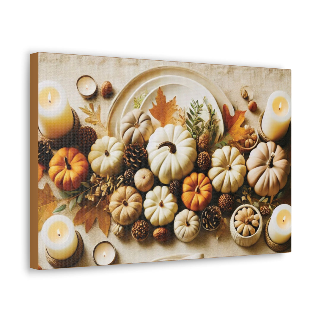 Fall Harvest Table Canvas Art – Pumpkin, Candle & Pinecone Decor for Autumn Home Accents - captivatingconversationsstarters
