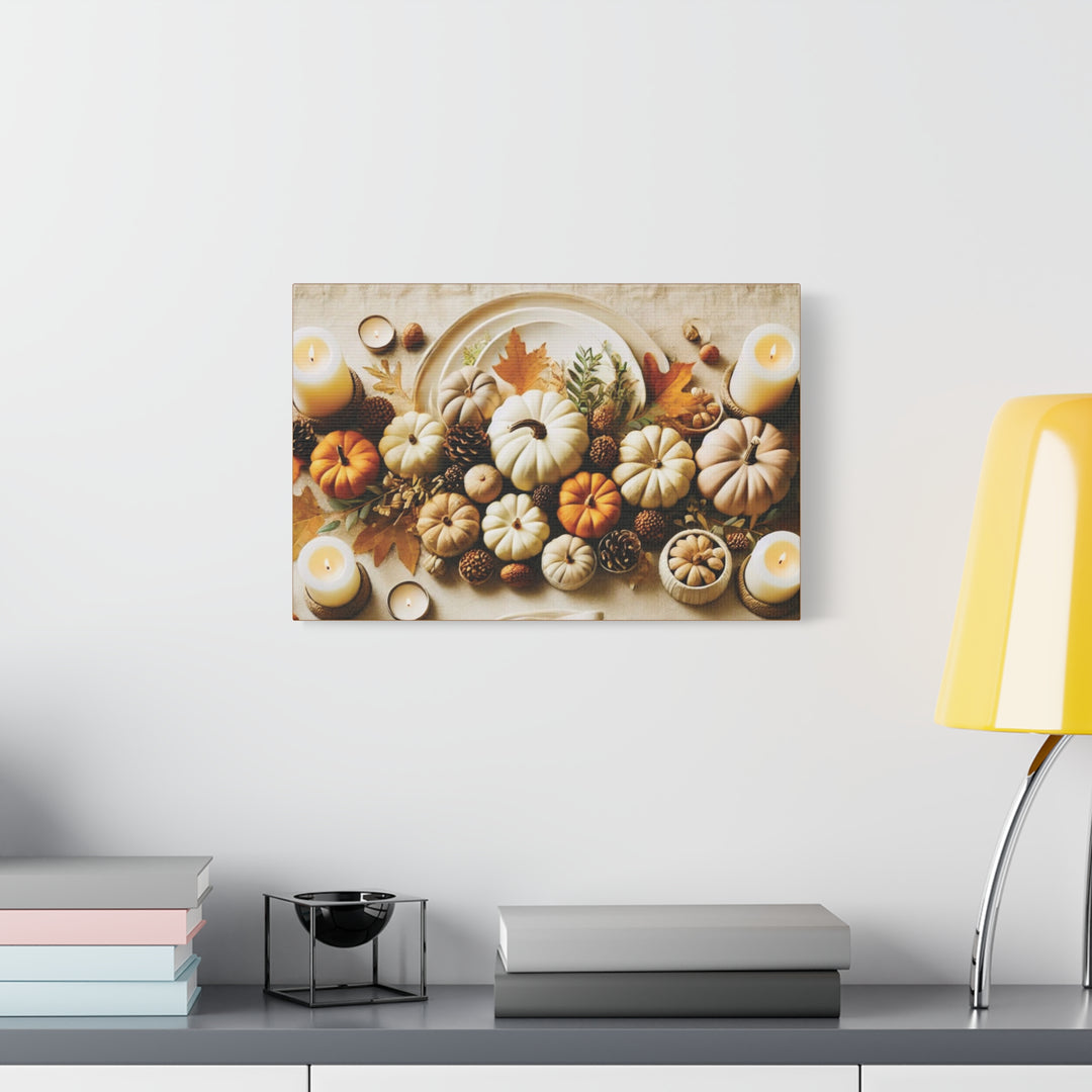 Fall Harvest Table Canvas Art – Pumpkin, Candle & Pinecone Decor for Autumn Home Accents - captivatingconversationsstarters
