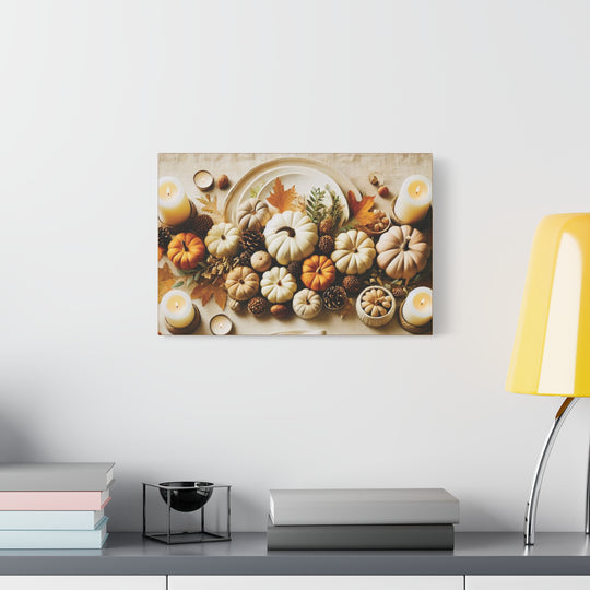 Fall Harvest Table Canvas Art – Pumpkin, Candle & Pinecone Decor for Autumn Home Accents - captivatingconversationsstarters
