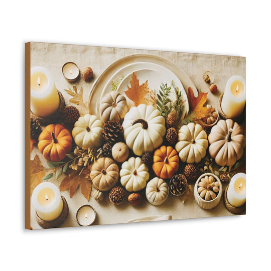 Fall Harvest Table Canvas Art – Pumpkin, Candle & Pinecone Decor for Autumn Home Accents - captivatingconversationsstarters