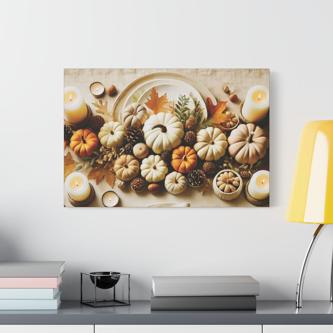 Fall Harvest Table Canvas Art – Pumpkin, Candle & Pinecone Decor for Autumn Home Accents - captivatingconversationsstarters