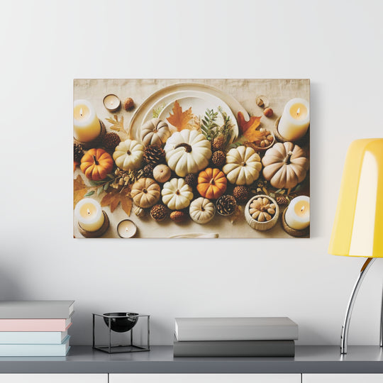Fall Harvest Table Canvas Art – Pumpkin, Candle & Pinecone Decor for Autumn Home Accents - captivatingconversationsstarters