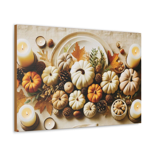Fall Harvest Table Canvas Art – Pumpkin, Candle & Pinecone Decor for Autumn Home Accents - captivatingconversationsstarters