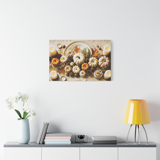 Fall Harvest Table Canvas Art – Pumpkin, Candle & Pinecone Decor for Autumn Home Accents - captivatingconversationsstarters