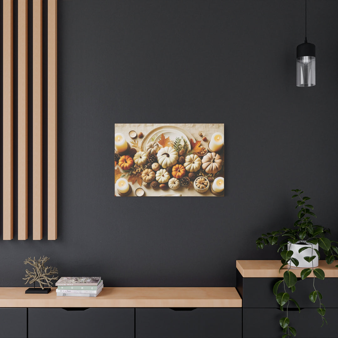 Fall Harvest Table Canvas Art – Pumpkin, Candle & Pinecone Decor for Autumn Home Accents - captivatingconversationsstarters