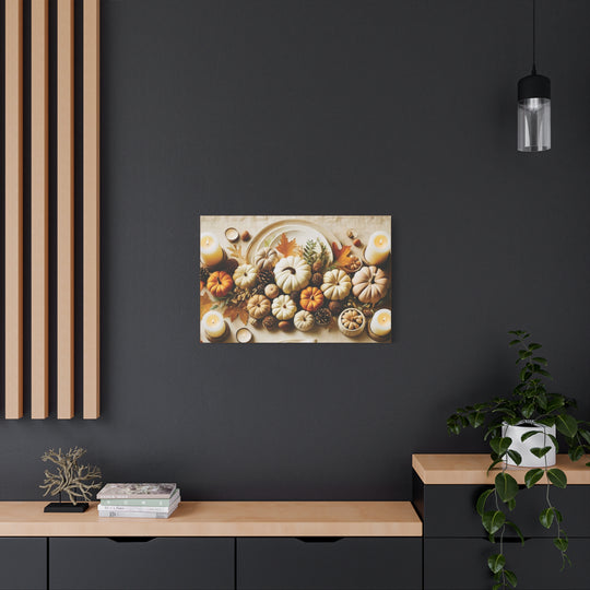 Fall Harvest Table Canvas Art – Pumpkin, Candle & Pinecone Decor for Autumn Home Accents - captivatingconversationsstarters