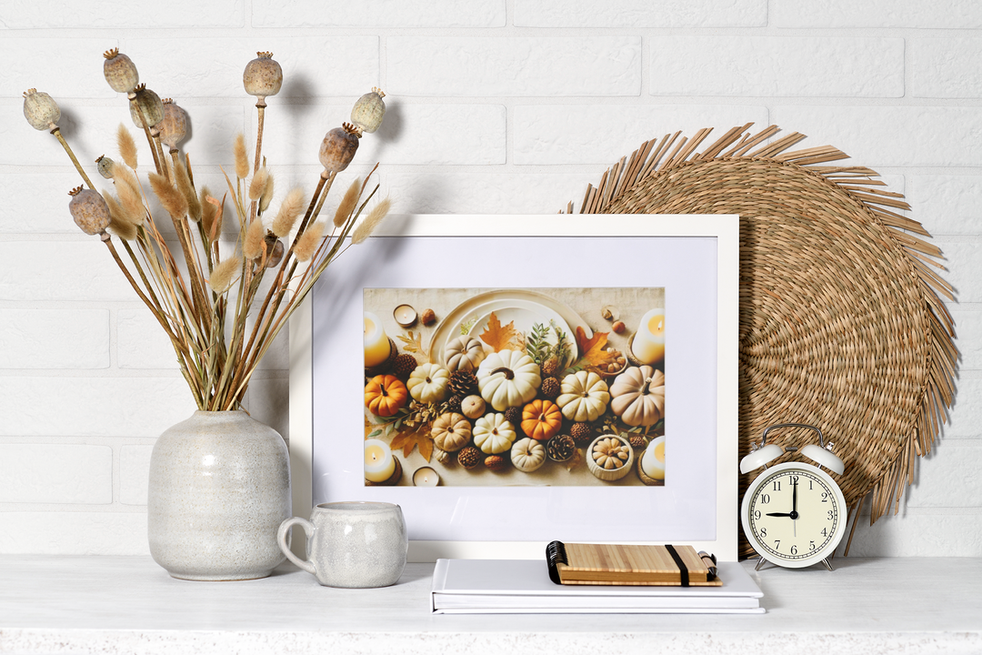 Fall Harvest Table Canvas Art – Pumpkin, Candle & Pinecone Decor for Autumn Home Accents - captivatingconversationsstarters
