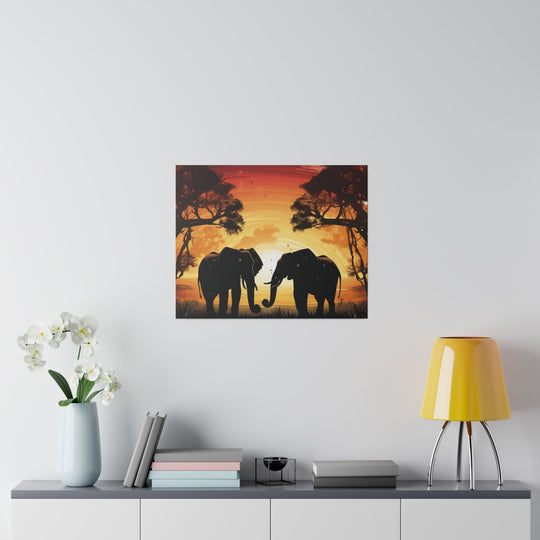 Kissing Elephants at Sunset Canvas Art – Majestic Love in the Wild - captivatingconversationsstarters