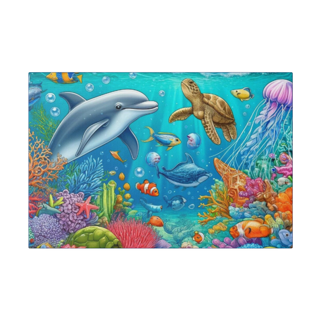 Ocean Harmony Wall Art Canvas: Dolphins, Turtles & Fish - Serene Underwater Escape - captivatingconversationsstarters