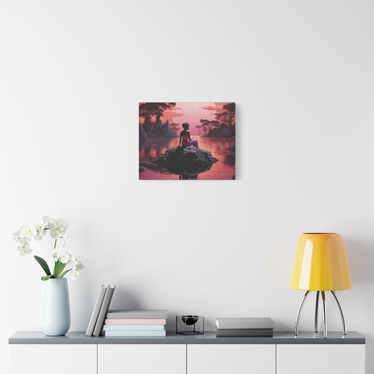 Moonlit Serenity: Captivating Woman Silhouette Canvas – Sunset Reflection Art with Pink Hues - captivatingconversationsstarters