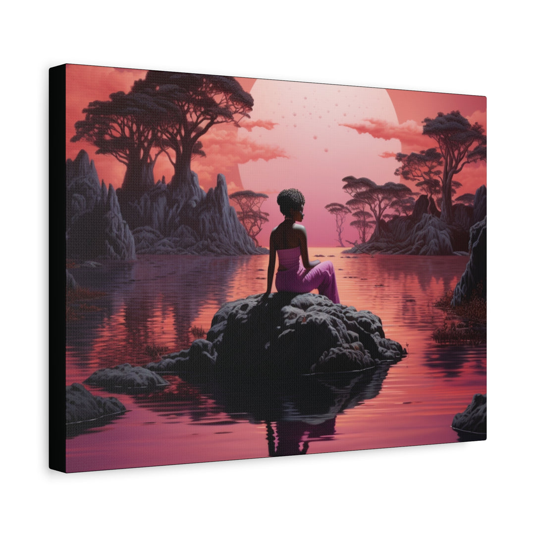 Moonlit Serenity: Captivating Woman Silhouette Canvas – Sunset Reflection Art with Pink Hues - captivatingconversationsstarters
