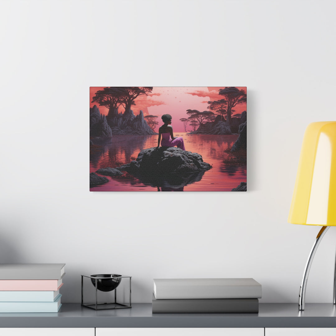 Moonlit Serenity: Captivating Woman Silhouette Canvas – Sunset Reflection Art with Pink Hues - captivatingconversationsstarters