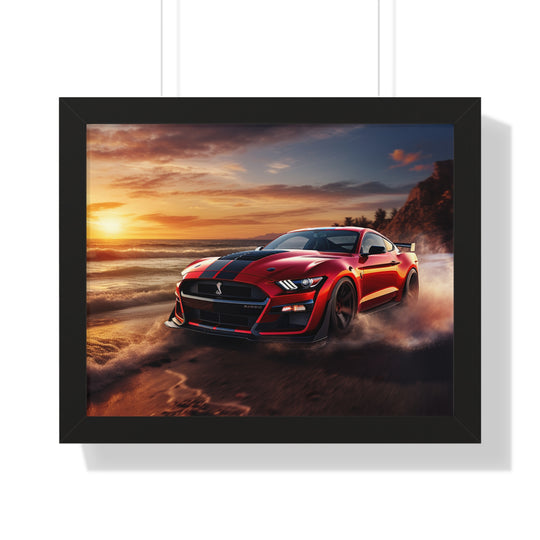 Sunset Blaze: Red Mustang Burnout Beach Framed Poster – Bold Power Meets Coastal Beauty - captivatingconversationsstarters