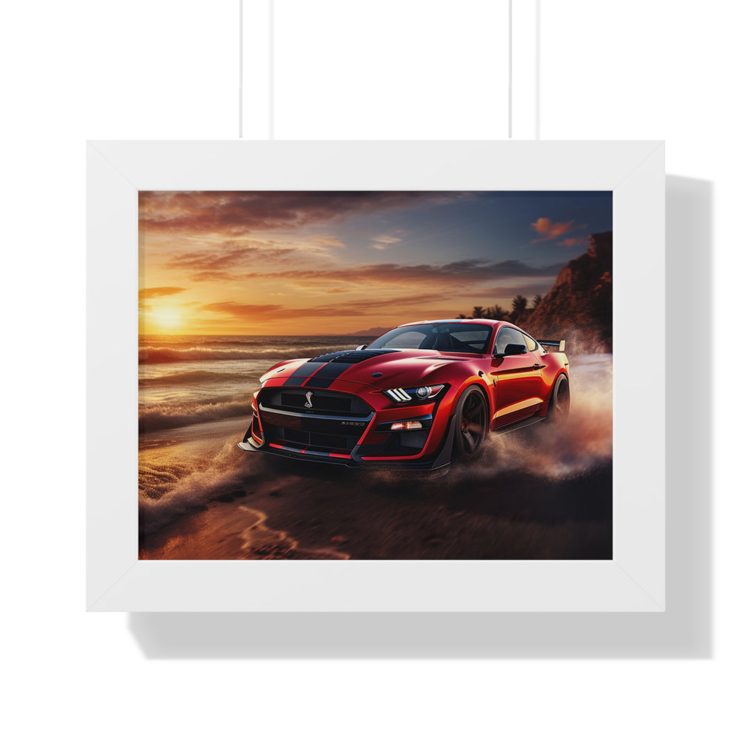 Sunset Blaze: Red Mustang Burnout Beach Framed Poster – Bold Power Meets Coastal Beauty - captivatingconversationsstarters