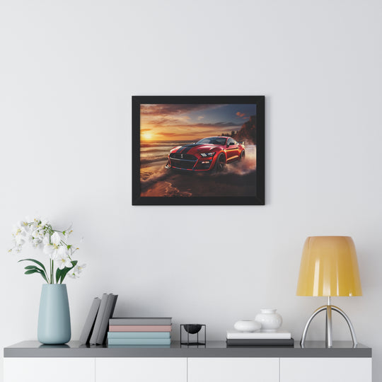 Sunset Blaze: Red Mustang Burnout Beach Framed Poster – Bold Power Meets Coastal Beauty - captivatingconversationsstarters