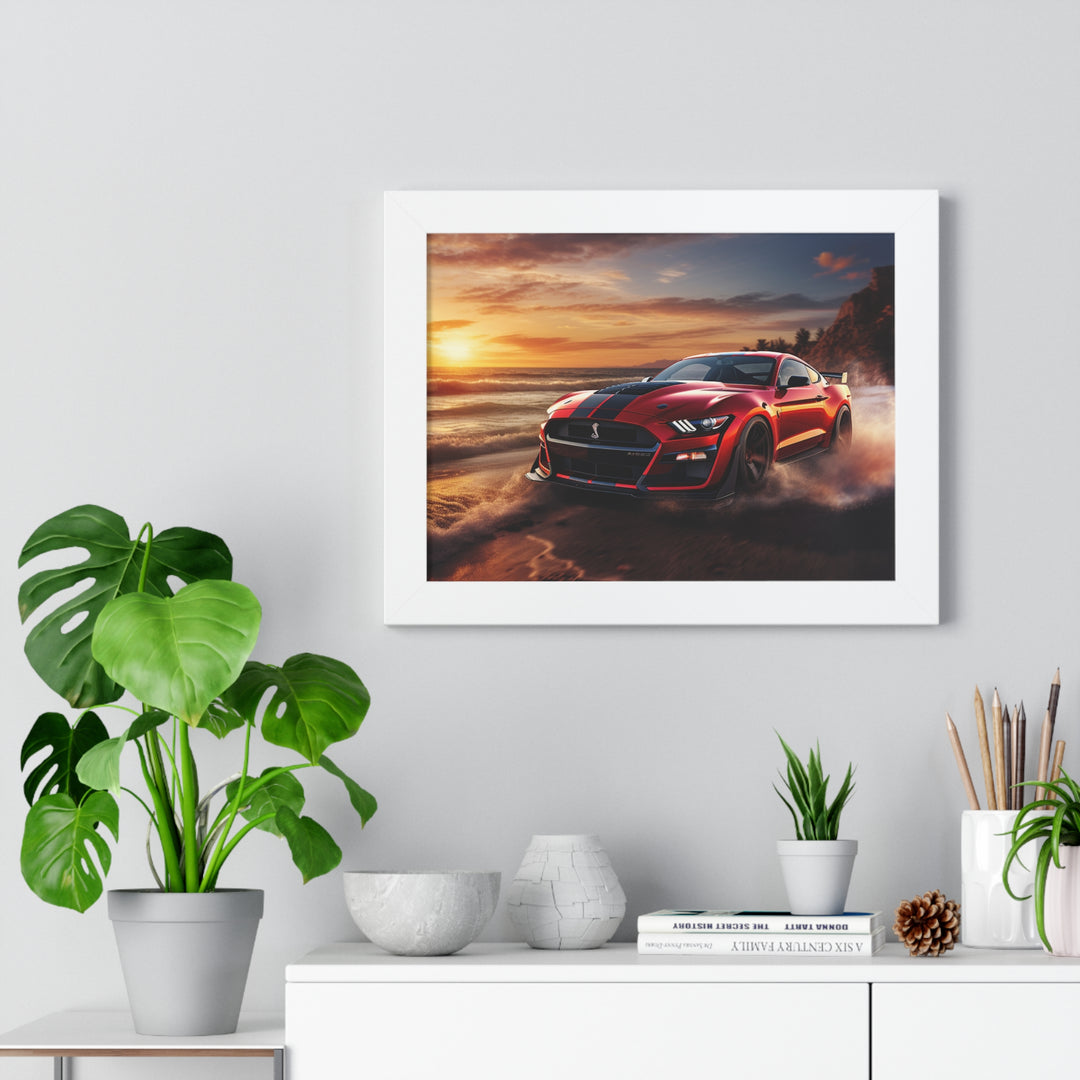Sunset Blaze: Red Mustang Burnout Beach Framed Poster – Bold Power Meets Coastal Beauty - captivatingconversationsstarters