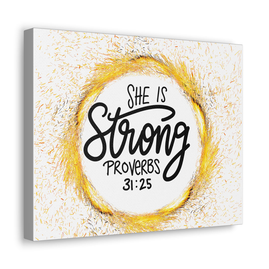 Empowered Elegance: "She Is Strong" Scripture Canvas Art – Uplifting Wall Decor for Women’s Strength and Resilience - captivatingconversationsstarters