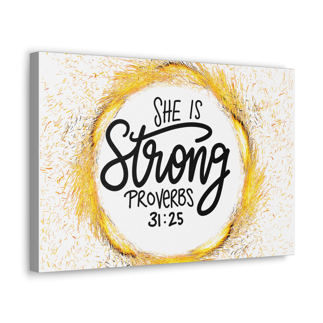 Empowered Elegance: "She Is Strong" Scripture Canvas Art – Uplifting Wall Decor for Women’s Strength and Resilience - captivatingconversationsstarters
