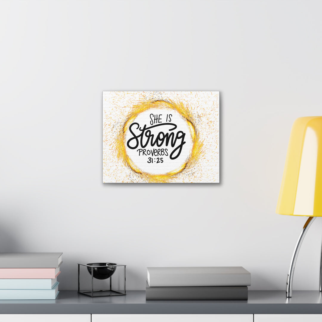 Empowered Elegance: "She Is Strong" Scripture Canvas Art – Uplifting Wall Decor for Women’s Strength and Resilience - captivatingconversationsstarters