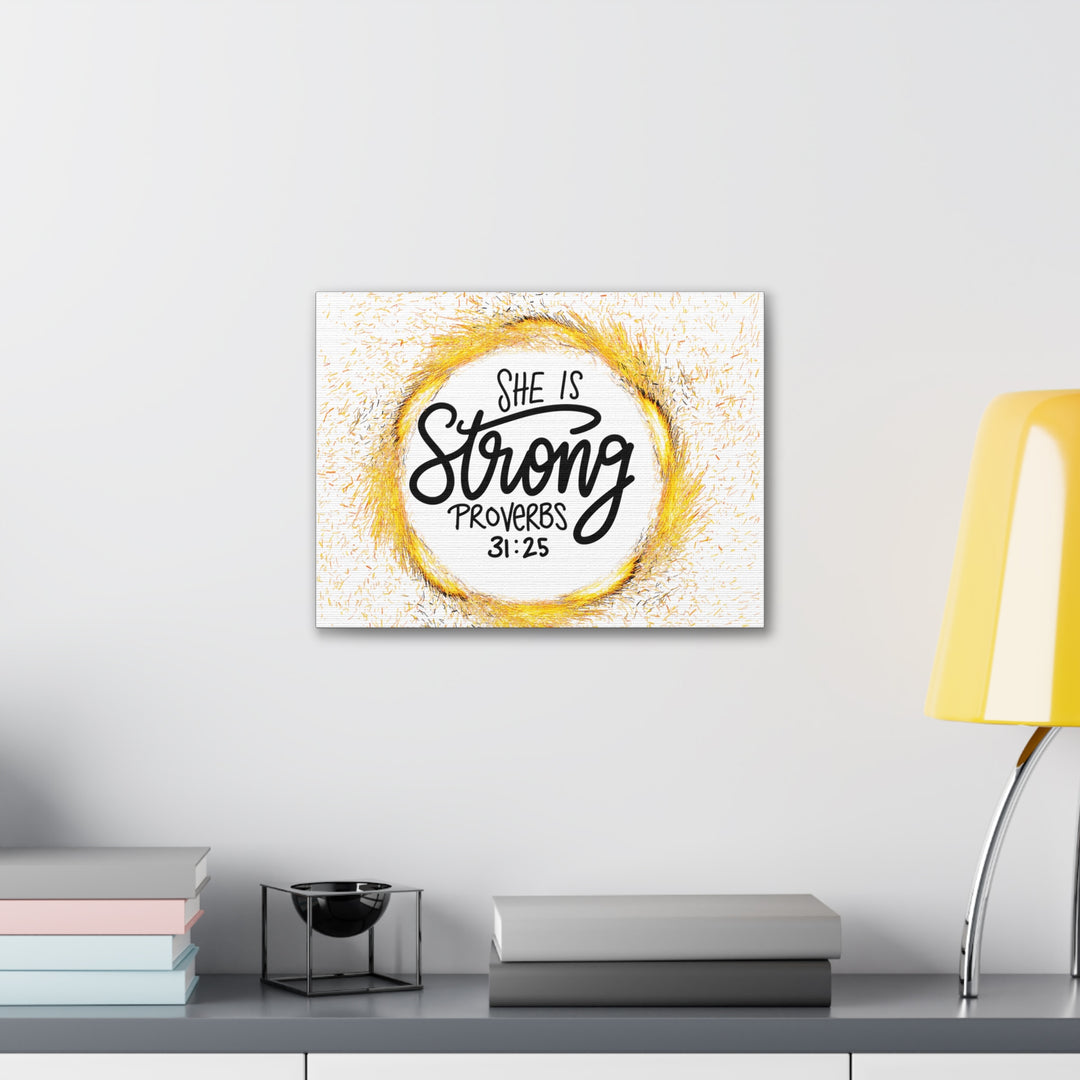 Empowered Elegance: "She Is Strong" Scripture Canvas Art – Uplifting Wall Decor for Women’s Strength and Resilience - captivatingconversationsstarters