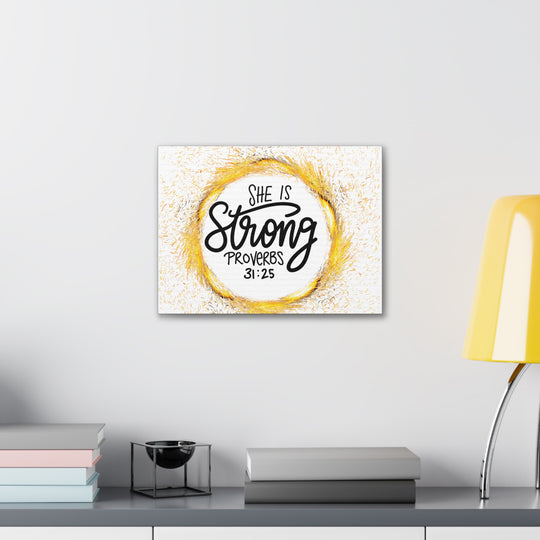 Empowered Elegance: "She Is Strong" Scripture Canvas Art – Uplifting Wall Decor for Women’s Strength and Resilience - captivatingconversationsstarters