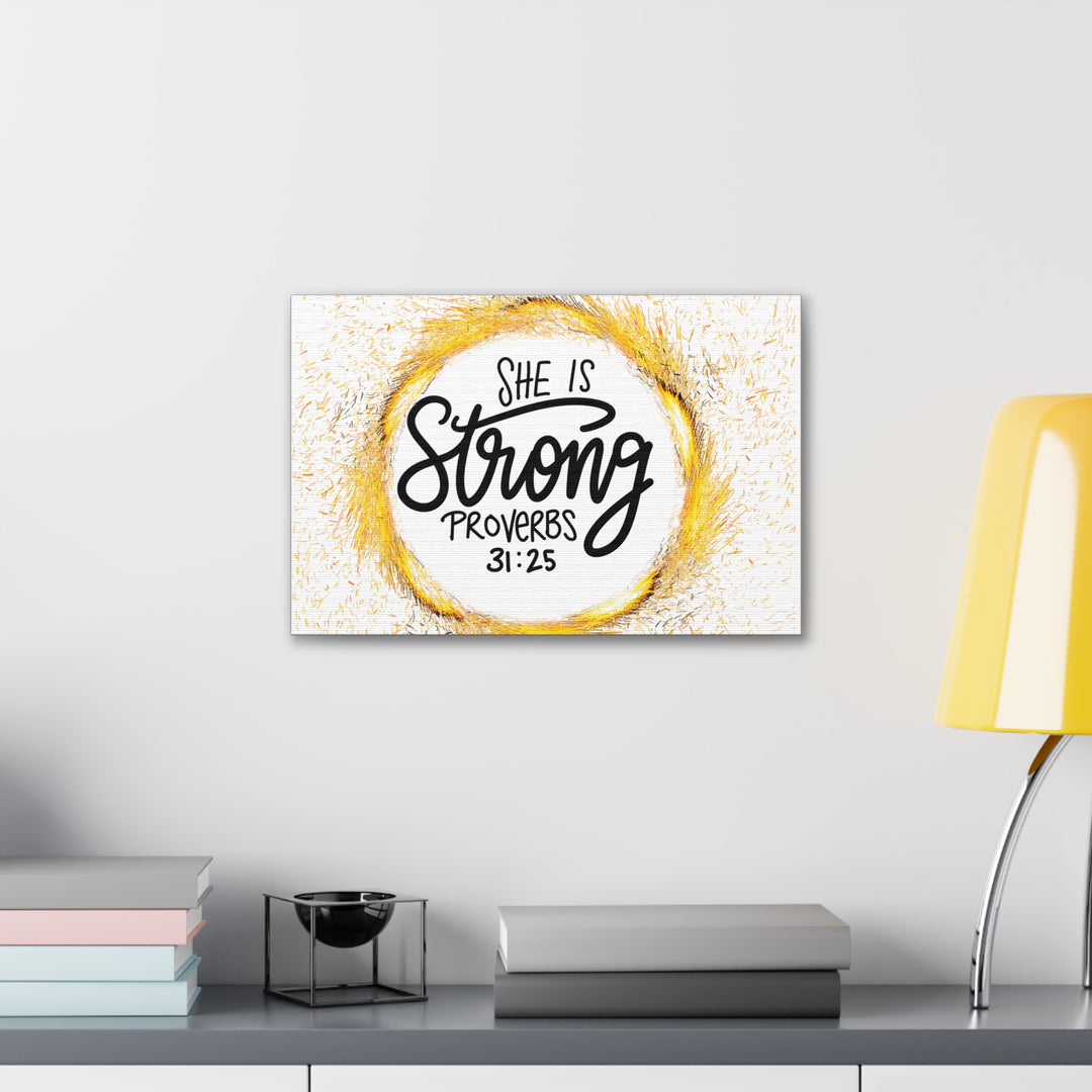 Empowered Elegance: "She Is Strong" Scripture Canvas Art – Uplifting Wall Decor for Women’s Strength and Resilience - captivatingconversationsstarters