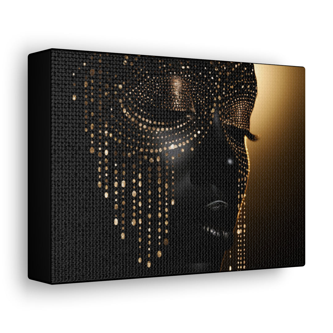 Mystique Elegance Canvas Art – Captivating Woman's Face in Gold Jewel Mask, Stunning Wall Décor for Any Space - captivatingconversationsstarters
