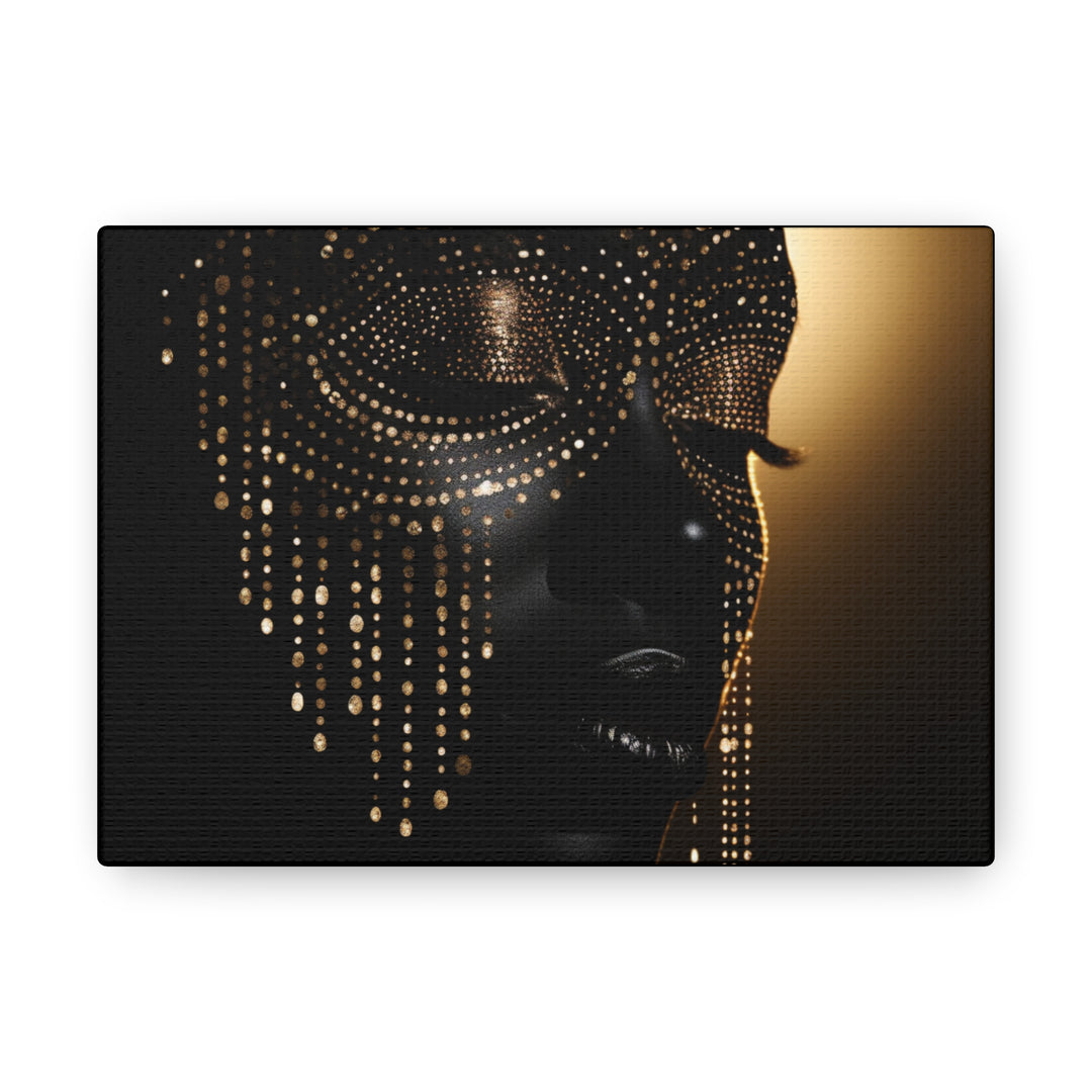 Mystique Elegance Canvas Art – Captivating Woman's Face in Gold Jewel Mask, Stunning Wall Décor for Any Space - captivatingconversationsstarters