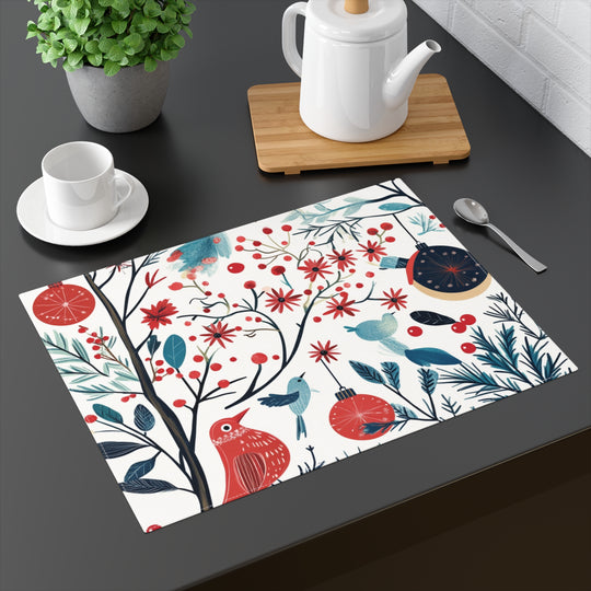 Rattan Branches Placemat with Ornaments & Red Birds – Festive Holiday Table Décor for Christmas & Winter Dining - captivatingconversationsstarters