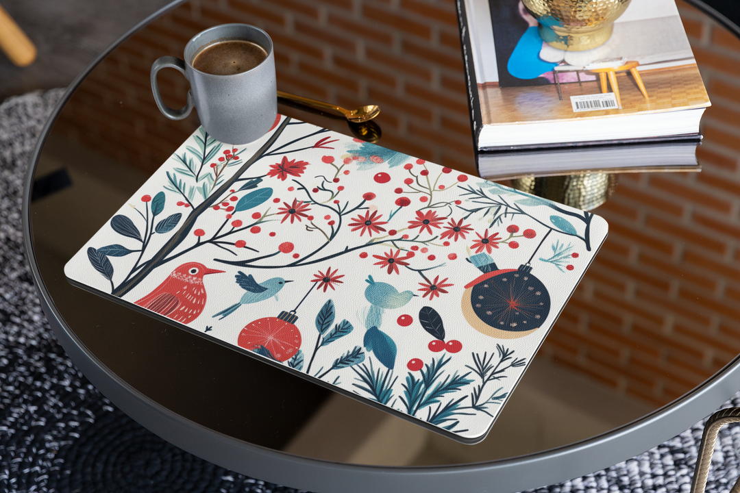 Rattan Branches Placemat with Ornaments & Red Birds – Festive Holiday Table Décor for Christmas & Winter Dining - captivatingconversationsstarters