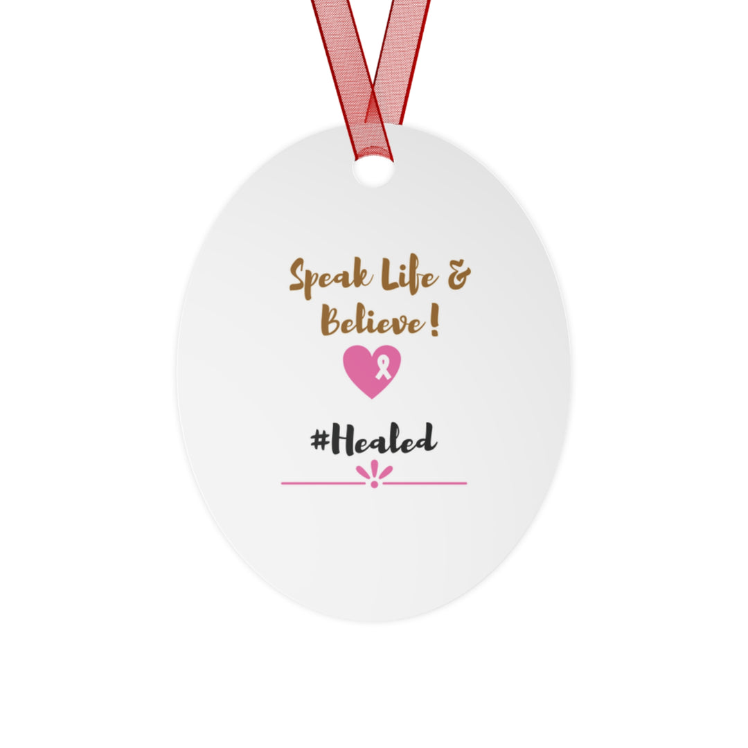 Healed Breast Cancer Awareness Metal Christmas Ornament – Durable, Double-Sided & Glossy Holiday Keepsake - captivatingconversationsstarters