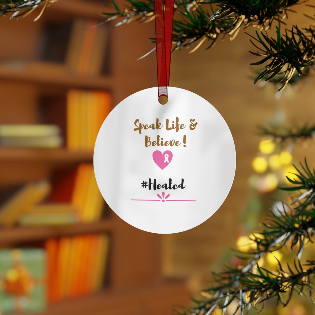 Healed Breast Cancer Awareness Metal Christmas Ornament – Durable, Double-Sided & Glossy Holiday Keepsake - captivatingconversationsstarters
