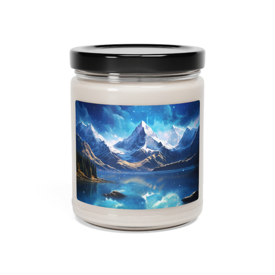 Spiritual Serenity Candle: Snow-Capped Mountain Peaks & Sparkling Blue Lake - captivatingconversationsstarters