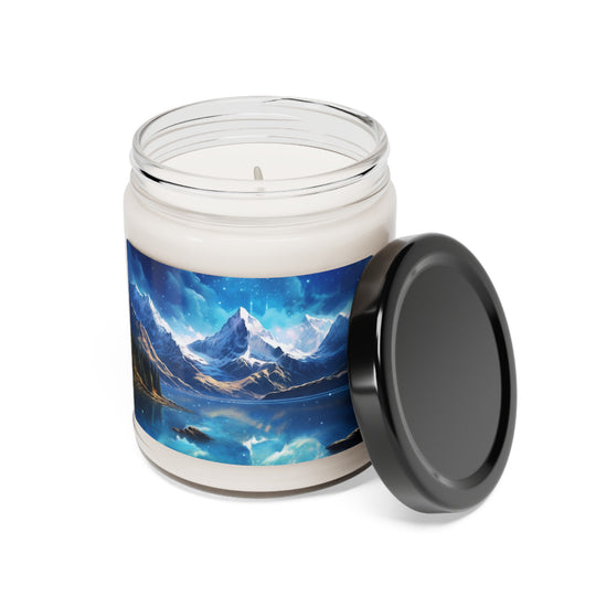 Spiritual Serenity Candle: Snow-Capped Mountain Peaks & Sparkling Blue Lake - captivatingconversationsstarters