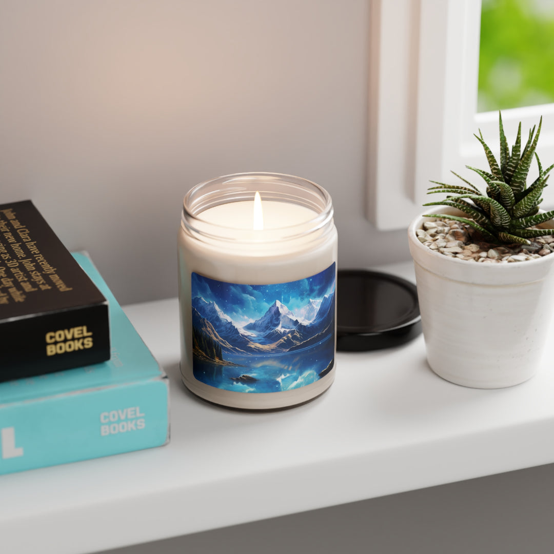 Spiritual Serenity Candle: Snow-Capped Mountain Peaks & Sparkling Blue Lake - captivatingconversationsstarters