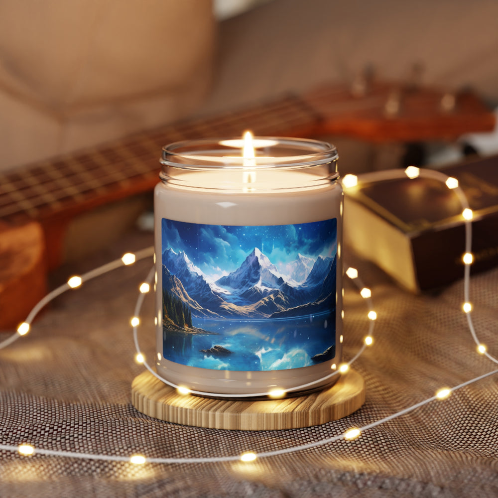 Spiritual Serenity Candle: Snow-Capped Mountain Peaks & Sparkling Blue Lake - captivatingconversationsstarters