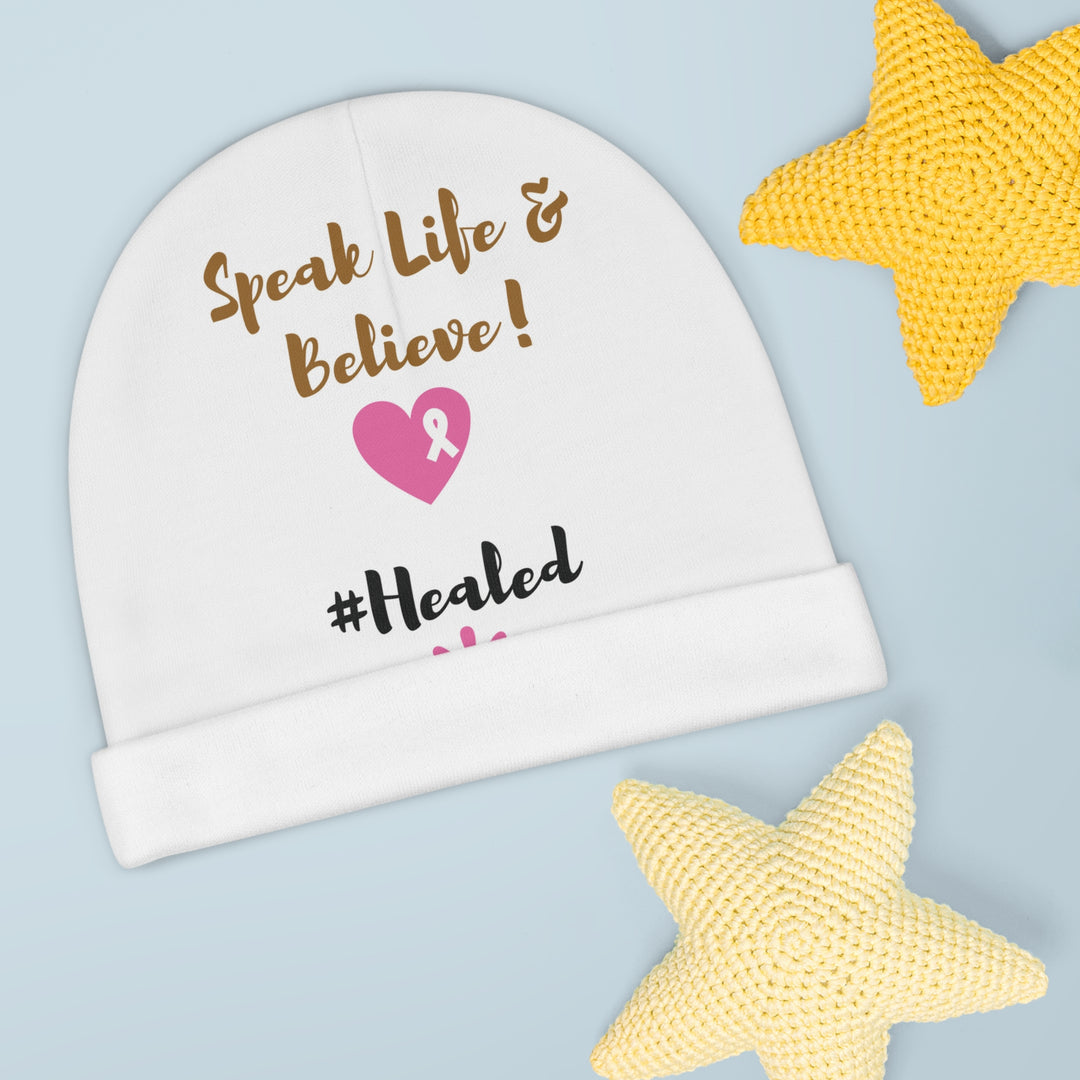 Speak Life & Believe '#Healed' Baby Beanie – Cozy Custom Hat for Infants, 100% Polyester Winter Comfort - captivatingconversationsstarters