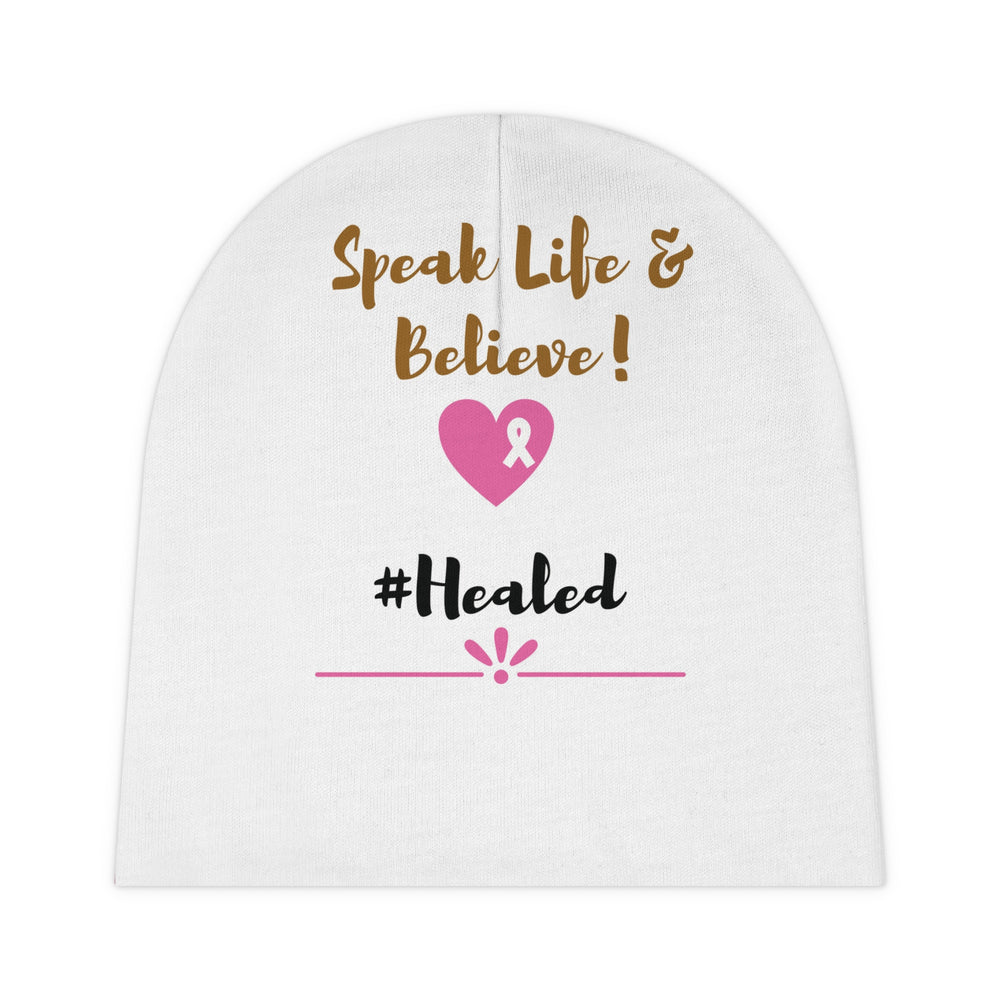 Speak Life & Believe '#Healed' Baby Beanie – Cozy Custom Hat for Infants, 100% Polyester Winter Comfort - captivatingconversationsstarters
