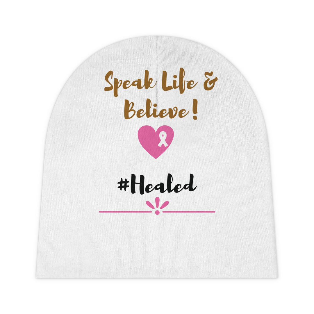 Speak Life & Believe '#Healed' Baby Beanie – Cozy Custom Hat for Infants, 100% Polyester Winter Comfort - captivatingconversationsstarters