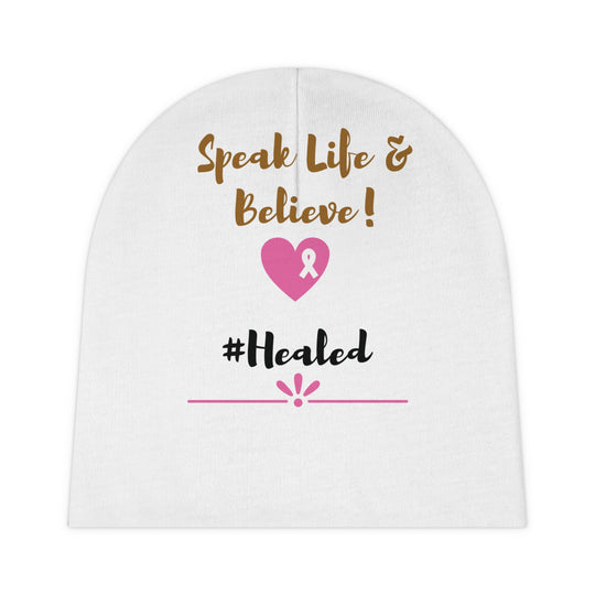 Speak Life & Believe '#Healed' Baby Beanie – Cozy Custom Hat for Infants, 100% Polyester Winter Comfort - captivatingconversationsstarters