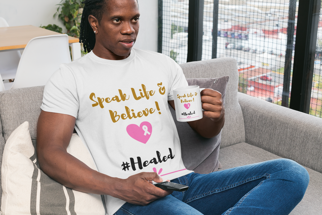 Healed Breast Cancer Awareness Mug – 15oz White Ceramic Coffee & Tea Cup | Speak Life & Believe Collection - captivatingconversationsstarters